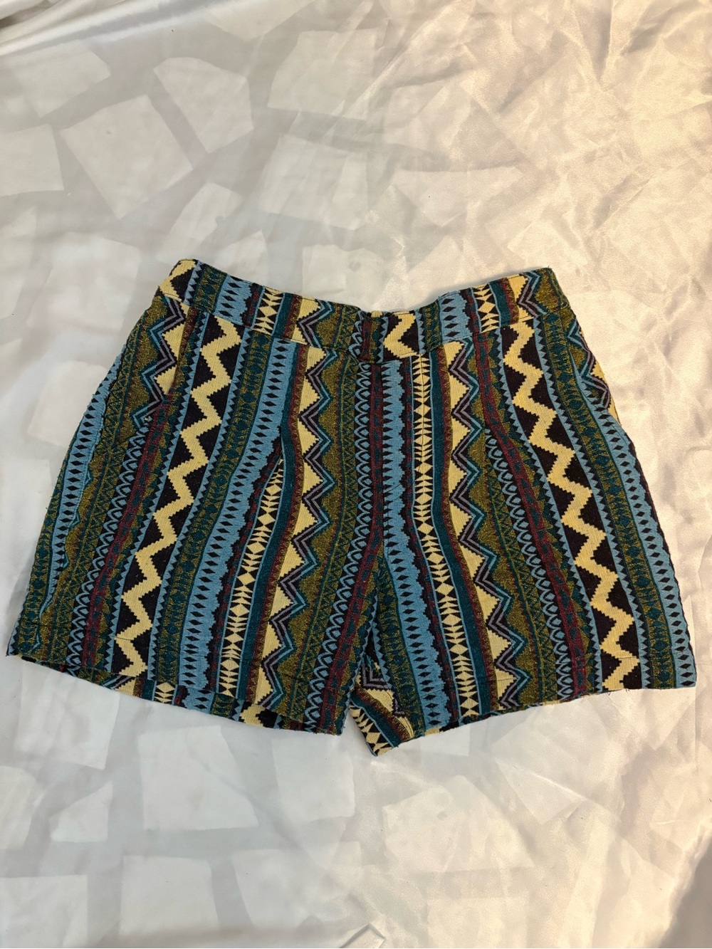 High-Rise Aztec Stripe Athletic Shorts in Blue/Green/Black